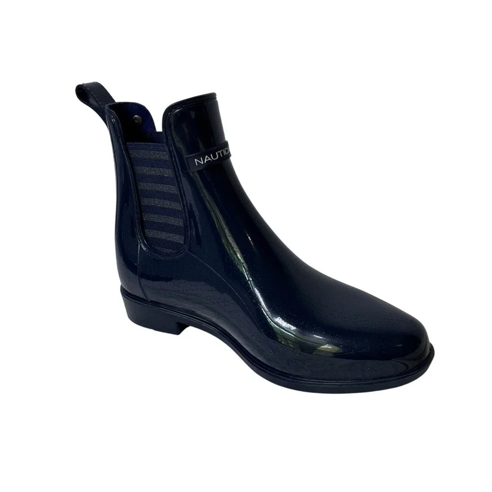 Nautica Rain Boots Women Size 7 Navy Blue Glossy Chelsea Ankle Booties‎